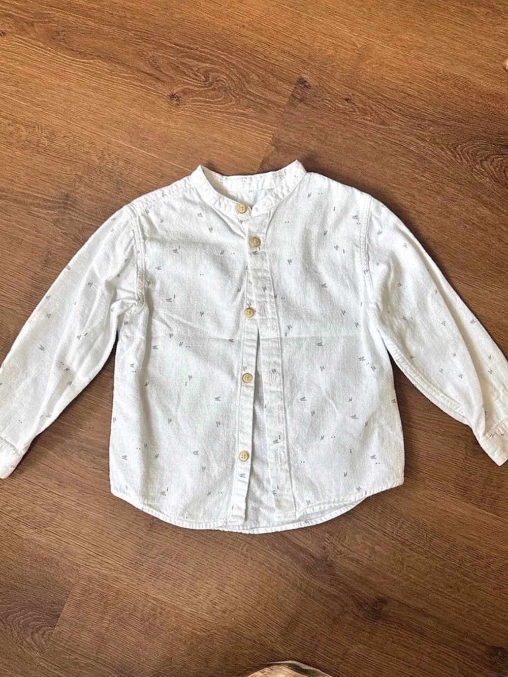 Kids White Long Sleeve Button Down with Print